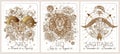 Vector illustration of zodiac signs in flowers card. Signs of the element of fire. Aries, Leo, Sagittarius Royalty Free Stock Photo
